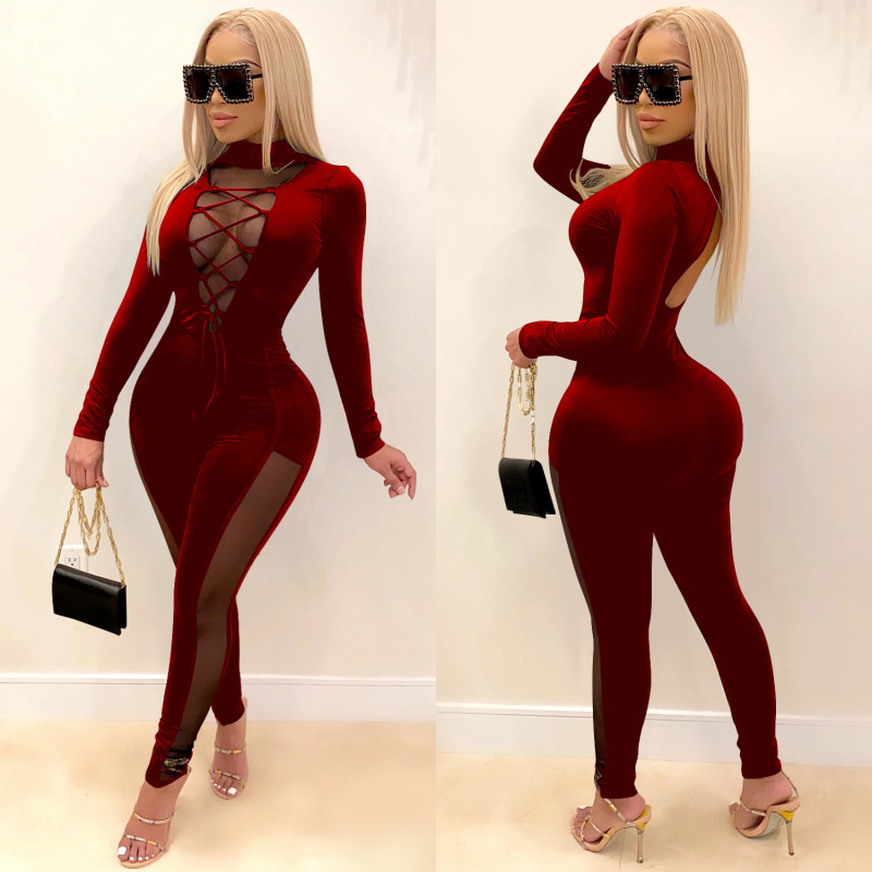 New Winter Products Amazon Fashion Europe And The United States Deep V Perspective Tight Sexy Solid Color Jumpsuit Women
