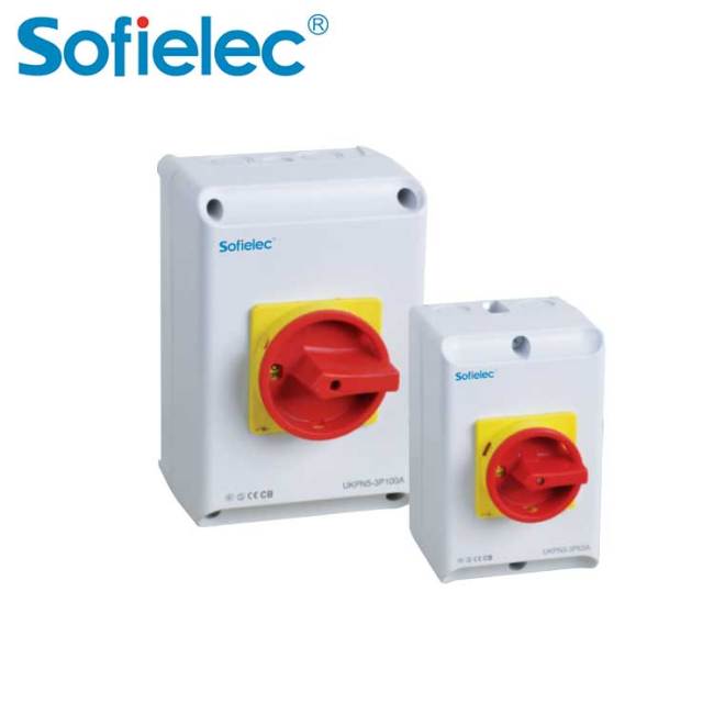 Sofielec plastic IP65 rotary isolator switch with PC plastic enclsoure 4P 150A