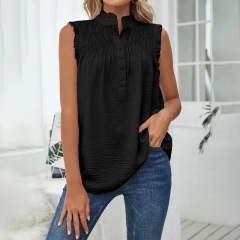 Conyson Hot Sale New Style Summer Woven Lotus Sleeve Lotus Collar Button Ruffle Formal Women's Vests And Chiffon Waistcoats