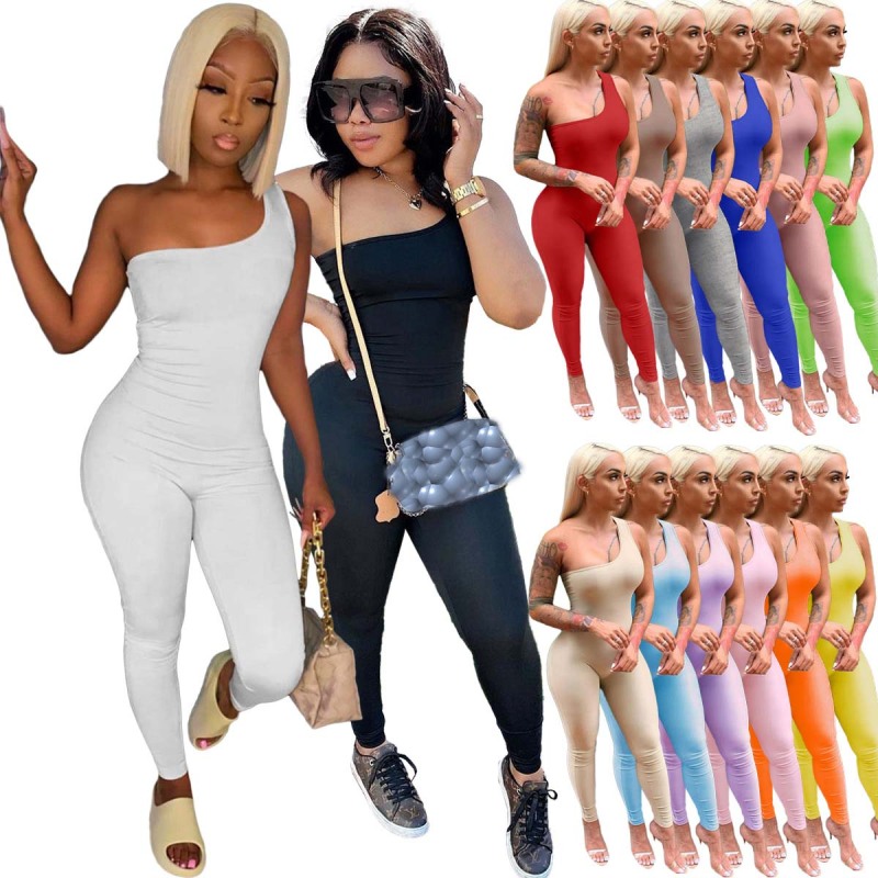 Summer Women's Casual Clothing Solid Skinny Sleeveless Bodysuit Ladies Romper Slim One-shoulder Long Pants Women Jumpsuit