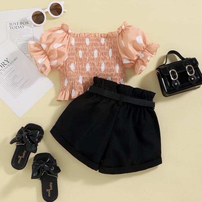 Conyson New Style Low MOQ Dot Puff Sleeve Summer Set Outfits Baby Girl Shorts With Belt Girls Fashion Three Piece Short Sets