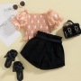 Conyson New Style Low MOQ Dot Puff Sleeve Summer Set Outfits Baby Girl Shorts With Belt Girls Fashion Three Piece Short Sets