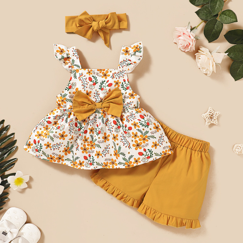 Factory Price Baby Girls Clothing Sets Cute Bowknot Baby Clothing Three-piece Sets Summer Baby Girl Clothes