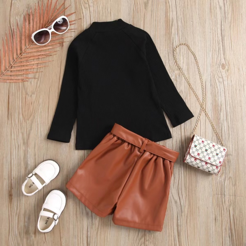 Conyson Winter Hot Sale Children Clothes Knit Long Sleeve Button Sweater Leather Shorts Two Piece Elegant Girls Outfits