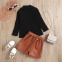 Conyson Winter Hot Sale Children Clothes Knit Long Sleeve Button Sweater Leather Shorts Two Piece Elegant Girls Outfits