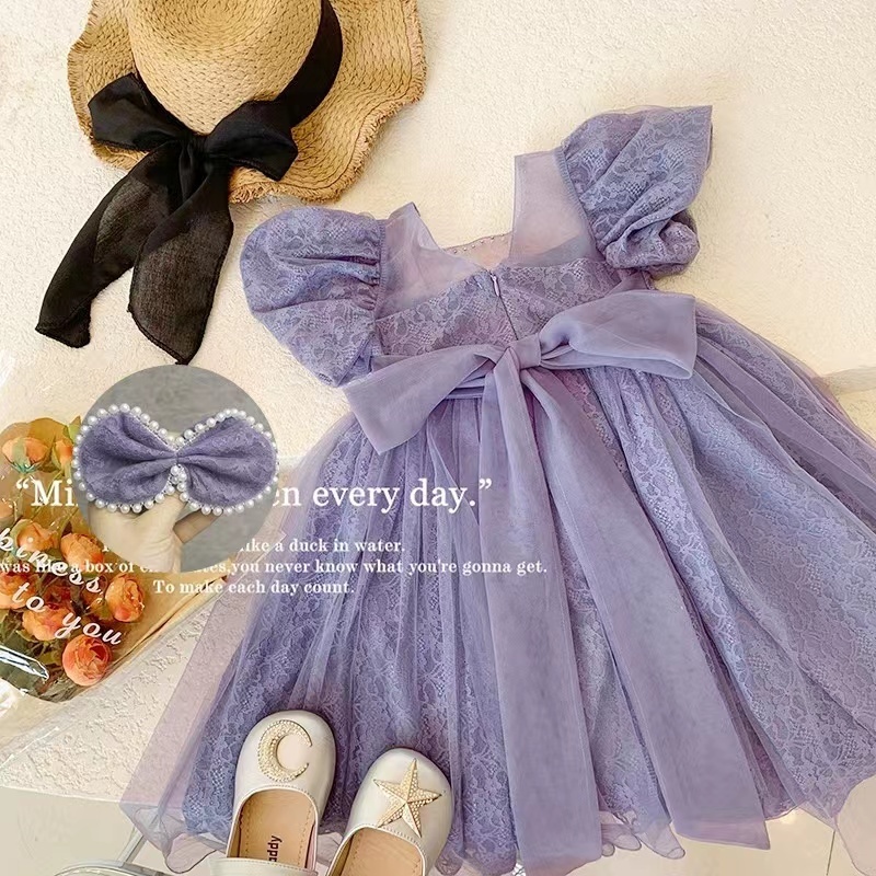 Conyson New Design Wholesale Price Solid Birthday Wedding Party Wear Flower Dresses Baby Girls Bowknot Purple Princess Dress