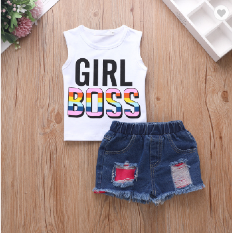 Conyson latest boutique summer fashion style Infant baby casual suit Children's Girl denim shorts Kids wear short Clothing Sets