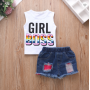 Conyson latest boutique summer fashion style Infant baby casual suit Children's Girl denim shorts Kids wear short Clothing Sets