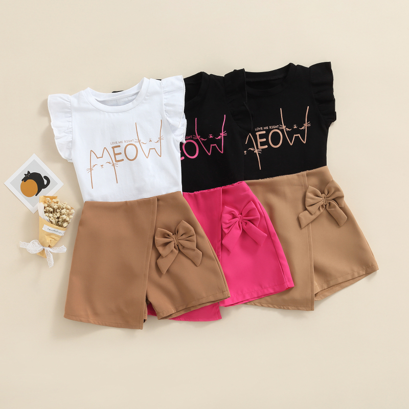 Conyson Summer Children Girls Sleeveless Skits Sets Printing T-Shirts Solid Bow Shorts Twp Piece Kids Girl Clothing Suits