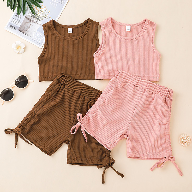 Conyson Stretch Kint Solid Color Suit Summer New Arrival Toddler Girls Boutique Ruffled 2 Piece Kid Girls Clothing Set