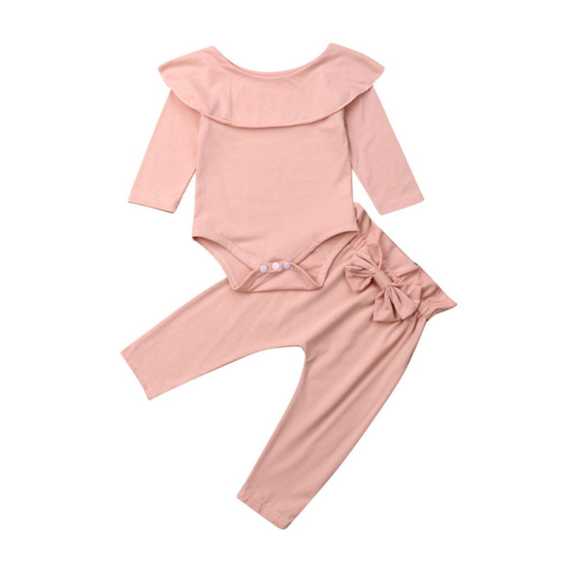 Conyson Toddler Kids Baby Girl Ruffle Bodysuit Romper Top Solid Bowknot Pants Trousers Autumn Cotton Long Sleeve Outfit Clothes