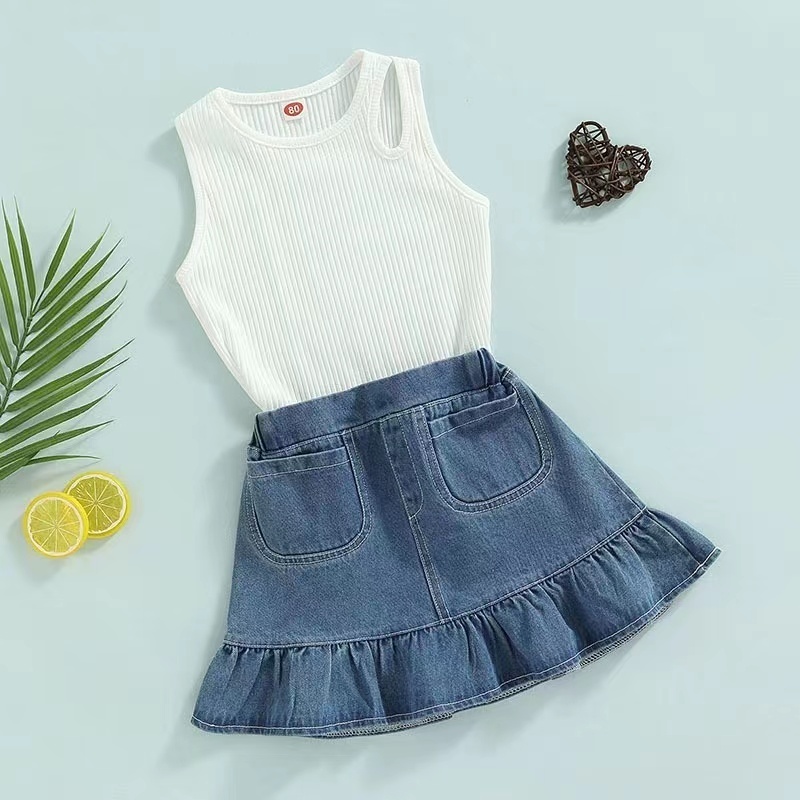 Conyson Boutique Fashion Summer Kids Girl Clothes Outfits White Sleeveless Vest Denim Flower Skirts 2 Pieces Casual Girl Suits