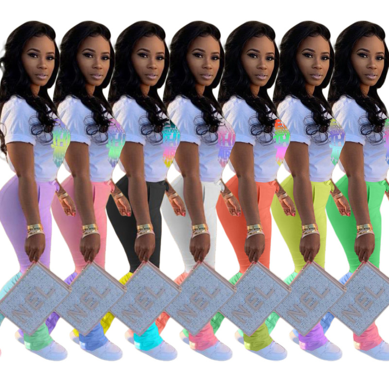Conyson New Fashion Letter Mixture Printed Colorful T-shirt Patchwork Legging Pants Ruffles Women Lady Casual Outfits Sets