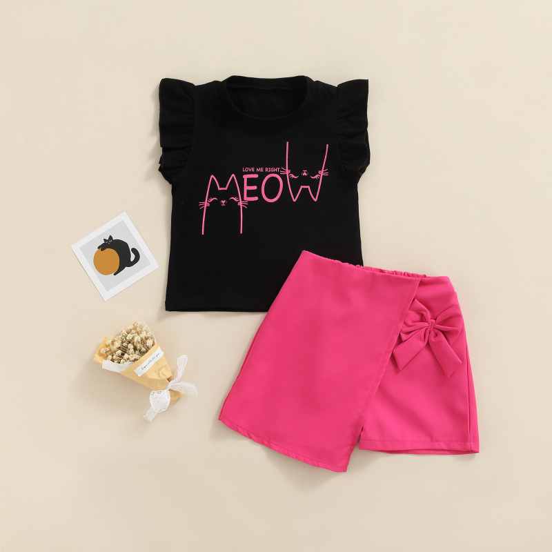 Conyson Summer Children Girls Sleeveless Skits Sets Printing T-Shirts Solid Bow Shorts Twp Piece Kids Girl Clothing Suits