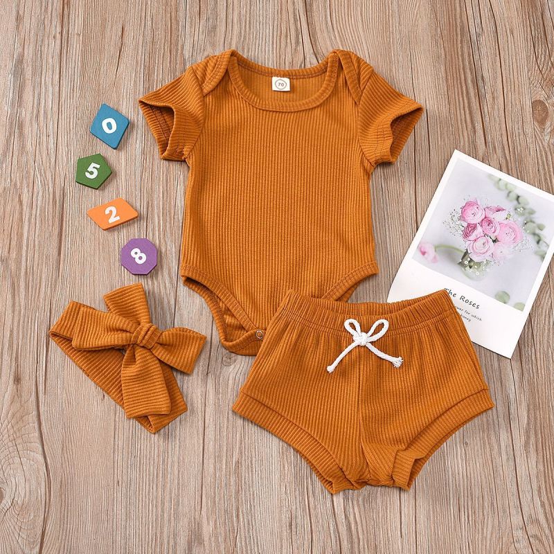 Conyson Hot Sale New Designer Baby Girls Clothes Outfits Cotton Summer Kids Short Sleeve T-Shirts+Shorts+Headband Clothing Set