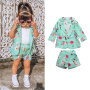 Conyson New Children Girls Long Sleeve Floral Coat Button Spring Outwear Shorts Two piece Fantasy Suit Fashion Kids Clothes Sets