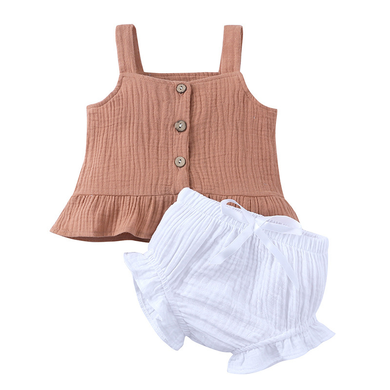 Conyson Wholesale Summer Kids Clothes Outfit Little Girls Halter Vest Shorts Linen 2 piece Princess Boutique baby clothes Set