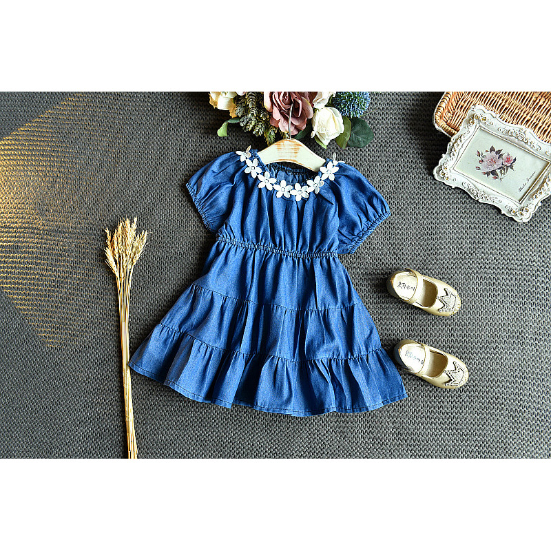 Hot Sale 2021 Summer Korean new Fashion Short Sleeve Flower Blue ruffle A-Line clothing beautiful Princess baby Girl Denim Dress