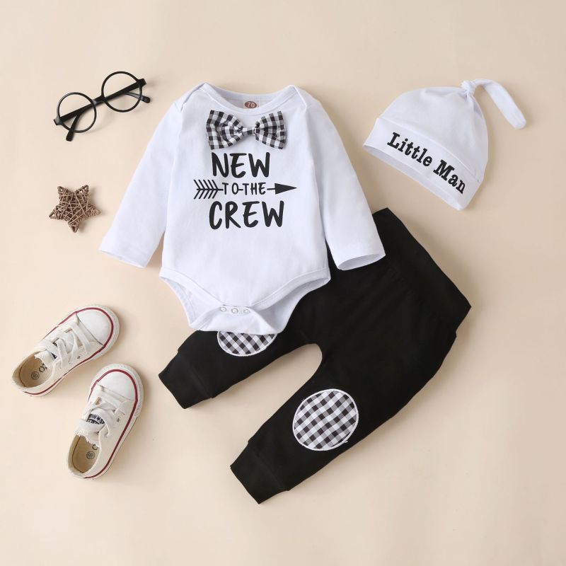 Conyson Autumn and Winter Kids Clothes Boys Long Sleeve Letter Printed Bowknot Embroidered Trousers Hat 3Pcs Clothes Set