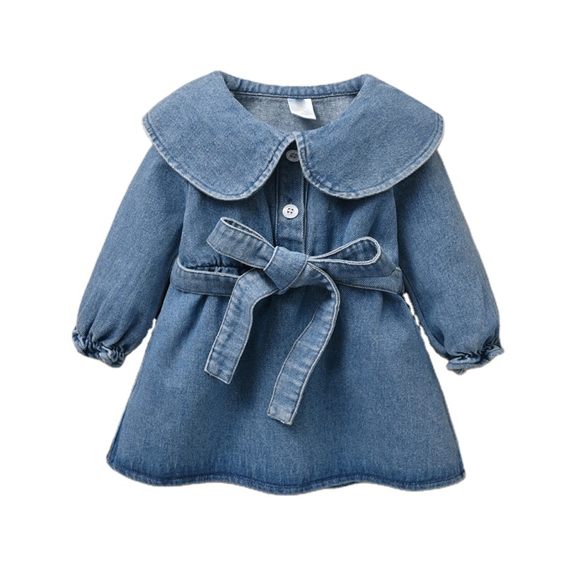 Fashion girls clothing Long Sleeve Button A-Line Sustainable Turtleneck Cute Girl Denim Dress For Kids