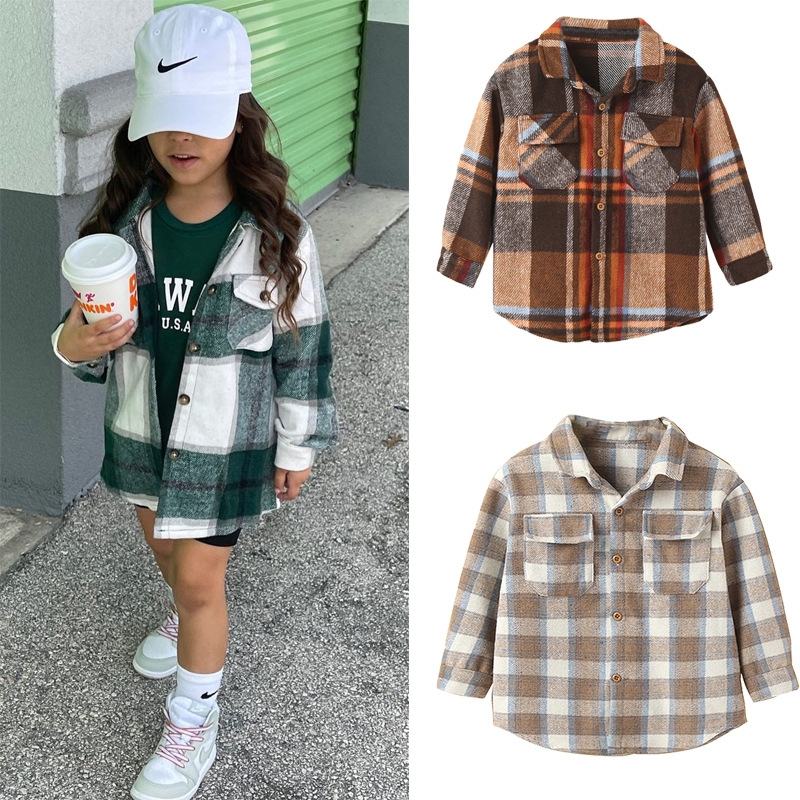 Fashion Autumn Children Girl Boy Warm Coat Plaid Long Sleeve Pocket Button Turn-down Collar Shirts Coat Jacket Tops Outwear