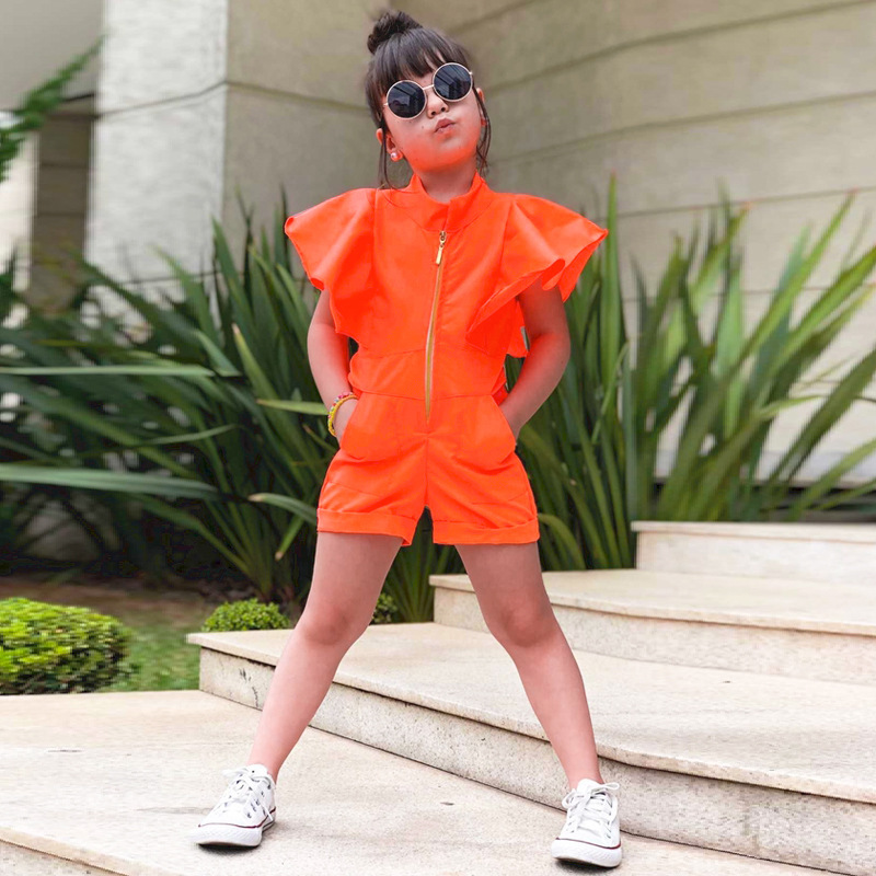 Conyson Wholesale Hot Kids Clothes Summer Short Flying Ruffles Sleeves Zipper One Piece Little Girls Jumpsuit Casual