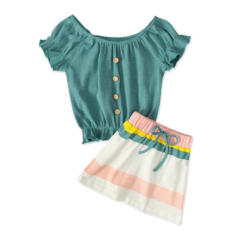 wholesale 2021 Popular Summer sweet children Print off-the-shoulder short Sleeve 2pcs baby Girl A-line band skirt clothing sets