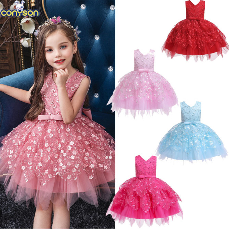 Conyson Hot Sale boutique summer sleeveless floral Baby Birthday elegant Dresses polyester Kid Clothes Girl Princess Party Dress