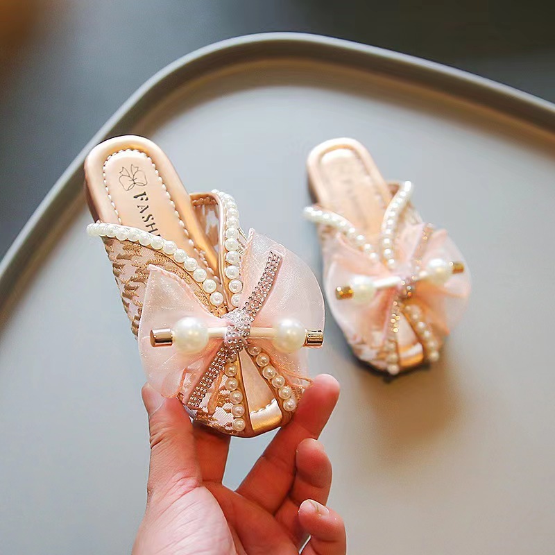 Conyson Special Design Children Fish tip Anti-slip Slides Sandals Plain Lace Bowknot Pearl Elegant Baby girl Princess Slippers