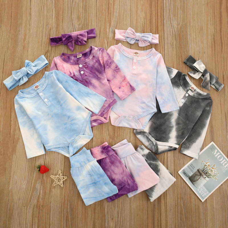 2021 New Winter three-piece tie-dyed Newborn Baby Girl Clothes  Romper Jumpsuit +headband