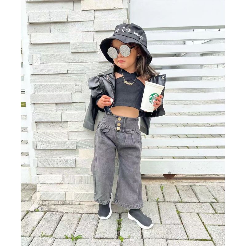 Conyson Newest Fashion Style Summer Cross Off-the-shoulder Halter-neck Tank Top And High Waist Jeans Kids Two Piece Cotton Set