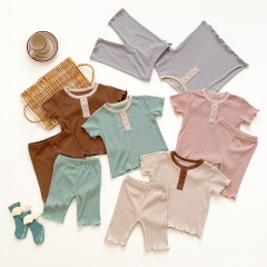 Conyson High Quality Outfit Summer Infants Clothing Unisex Organic Newborn Plain Baby Clothes Knitted 2 Pcs Kids Matching Sets