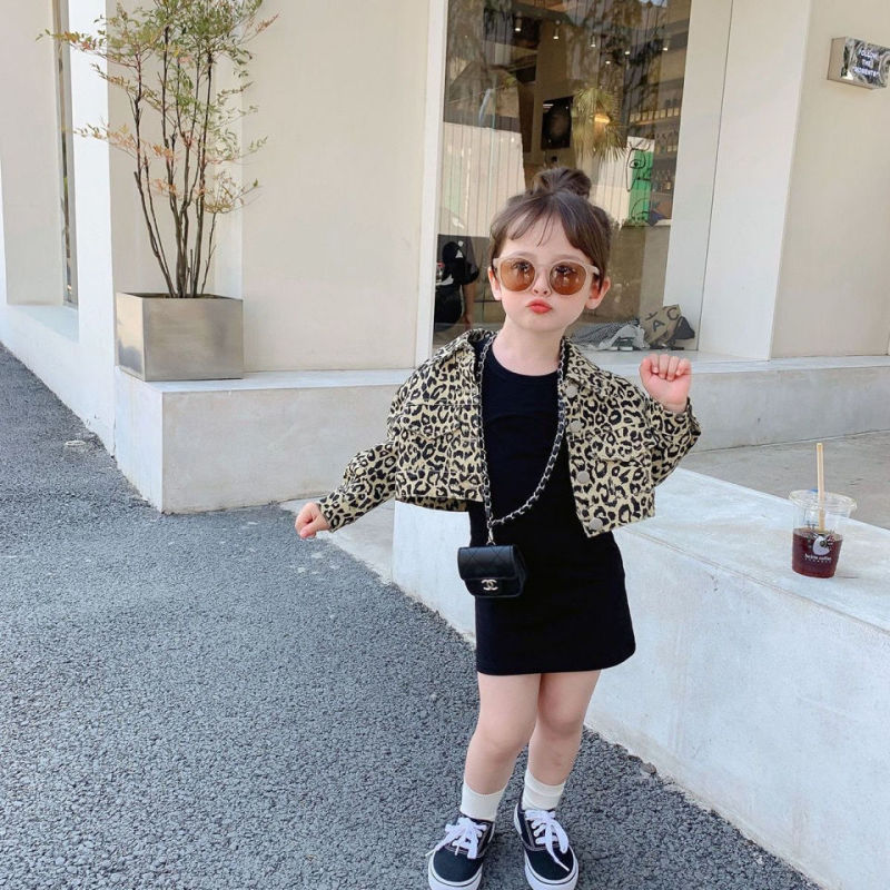 Beautiful Older Children Girls Autumn Long-sleeved Leopard Coat  Knitted Skirt Set