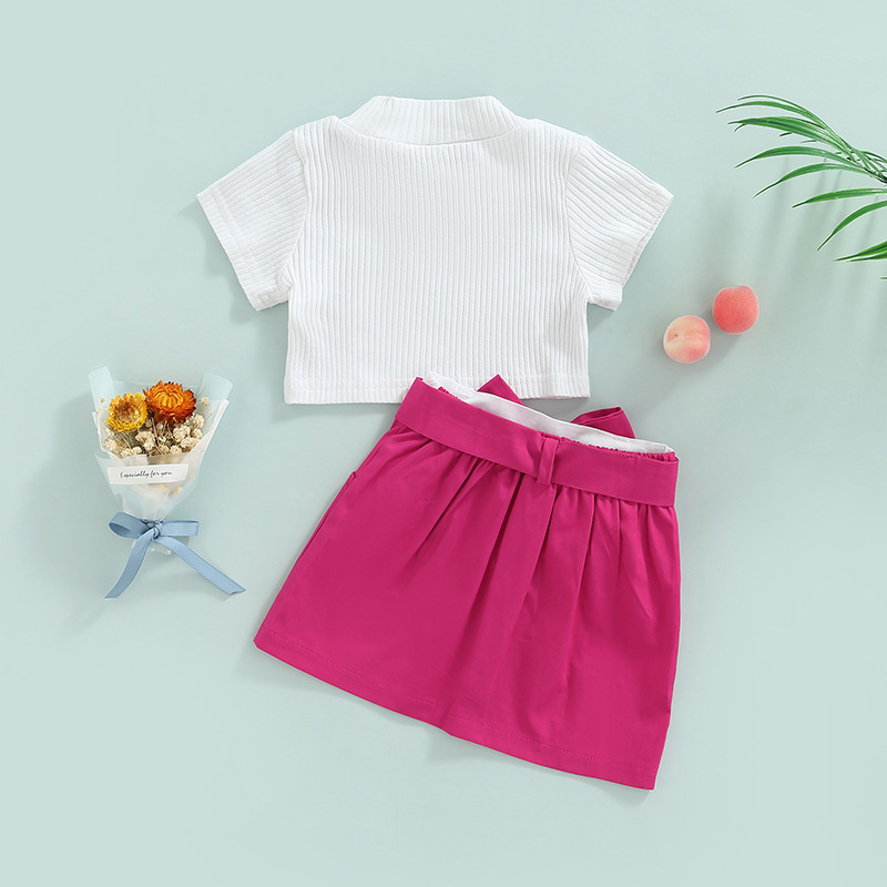 Conyson Fashion Little Girls Clothes Sets 2pcs Solid Short Sleeve Knit T Shirts+Color Matching High Waist Mini Skirt Kids Sets