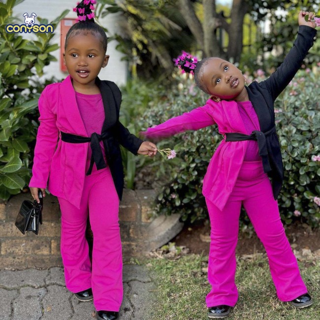 Conyson Kids Spring Autumn Children's Clothing Wholesale 2pcs Hot Pink+Black Patchwork Suit Girs Splice suit Baby Clothing Set