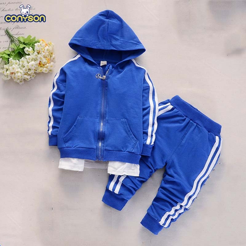Conyson Wholesale Cotton Spring Unisex Stripe Casual Long Sleeve Zip Sweatsuit Boutique Baby Boys' Clothing 2 pcs Sets