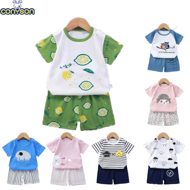 Conyson Casual Style Kids Boys Girls Spring Summer 100% Cotton Short Sleeve Children Clothing Sets Boys Cartoon T-shirt Set