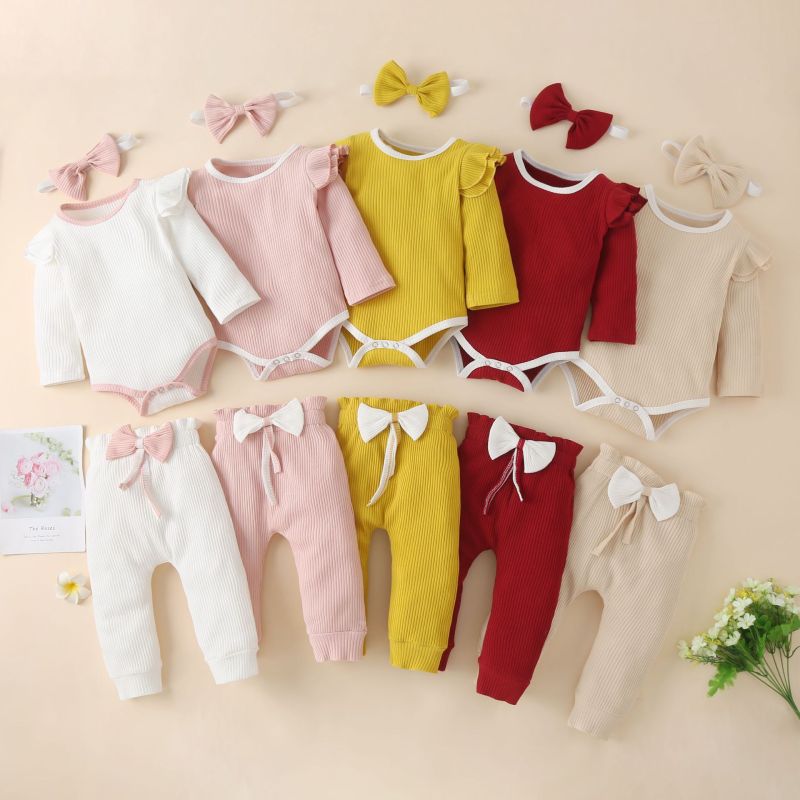 High-quality Three-piece Jumpsuit Solid Color Long-sleeved Cotton Bow Baby Clothes Set Baby Romper