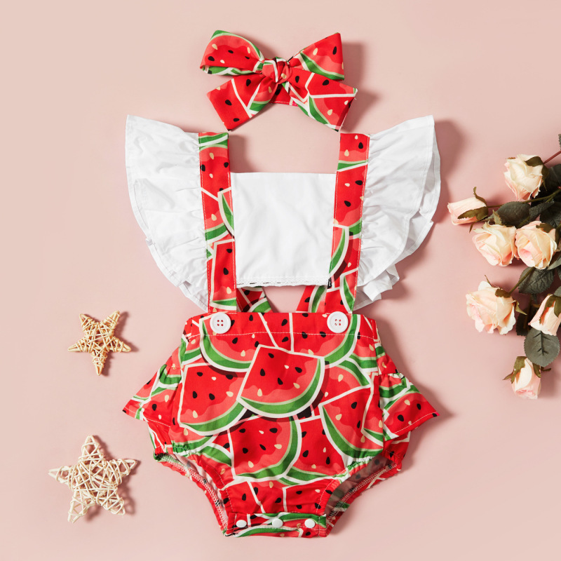 Newborn Baby Girls Ruffle Fly Sleeve Jumpsuits Baby Girl Watermelon Print Romper Baby Girls Bodysuits