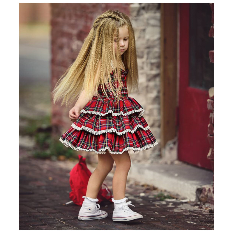 Conyson Red Plaid Print Lace Girls Dresses Tutu Party Camisole Suspender Dress Summer Sleeveless Princess Dress Baby Girl Outfit