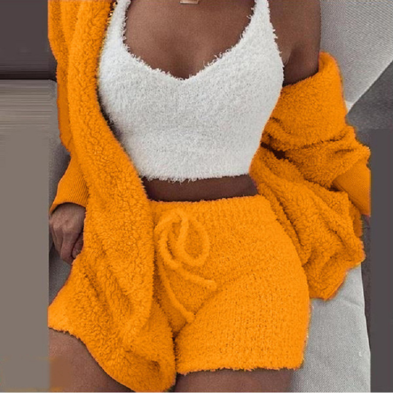 Conyson New Wholesale Plus Size Winter Suit Pjm Cozy Home Leisure 3 Pieces Crochet  long sleeve Women Sexy Matching Set
