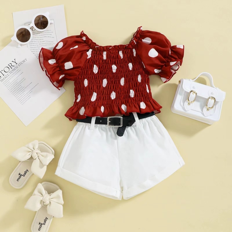 Conyson New Style Low MOQ Dot Puff Sleeve Summer Set Outfits Baby Girl Shorts With Belt Girls Fashion Three Piece Short Sets