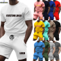Conyson hot sale summer Custom logo Made Outdoor men's short Clothes suit pure color clothing two-piece adult t-shirt shorts Set