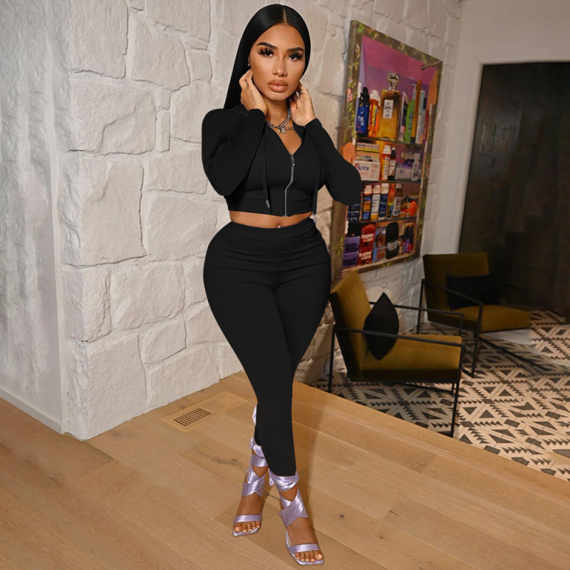 Conyson Summer Custom Logo 2 Piece Zip Hooded Fashion Women Casual Sports Solid Long Sleeve Loungewear Women Clothing Suits