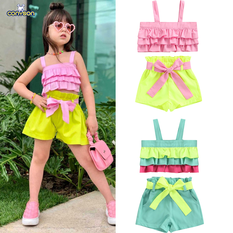 Conyson Wholesale Fashion Boutique Sleeveless Ruffle Cute Top Shorts Summer Girl Clothing Suits Summer Short 3pcs Outfits