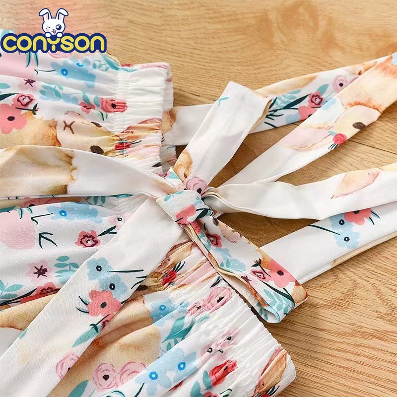 Conyson RTS Low MOQ Spring Summer Short Sleeve Top Rabbit Printing Suspenders Baby Cotton Fabric Kids Two Pieces Easter Set