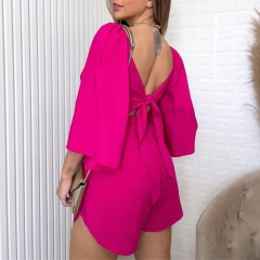 Conyson Latest Design Spring Autumn V Neck Backless Flare Sleeve Long Sleeve Shirt High Waist Shorts Women's Two Pieces Set