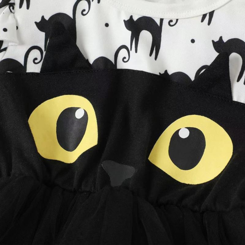 Conyson 1-6 Years Toddler Baby Girl Clothes Long Sleeve Mesh Tulle Princess Dresses Cartoon Cat Halloween Girls Dress