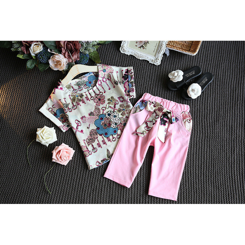 Flower Pattern New Design Boutique Toddler Kids Children Girls Clothes Summer Short Sleeve Suit Sets