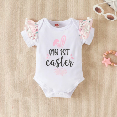 Conyson RTS Summer Letter Romper Suspender Shorts With Kneecap Three Pieces Cute Baby Girl Clothes Easter Kids Wear Clothing